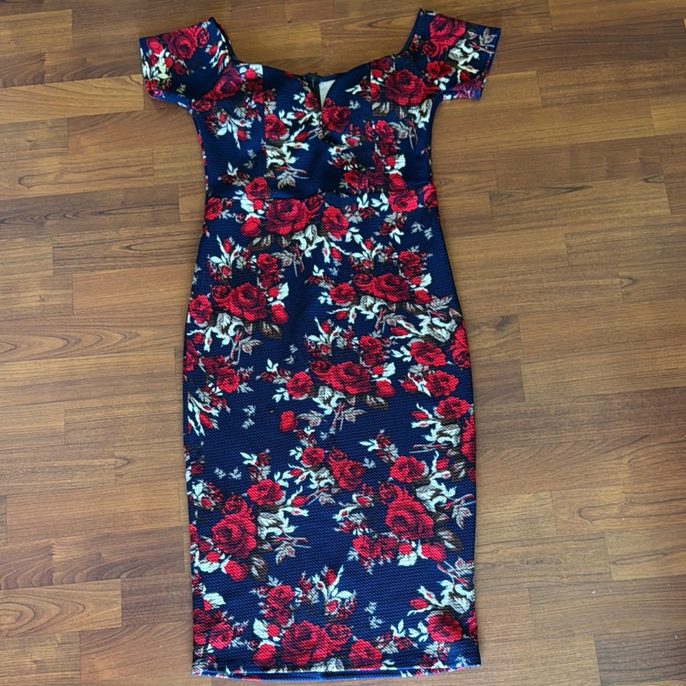 Floral Off-Shoulder Dress - Red and Blue